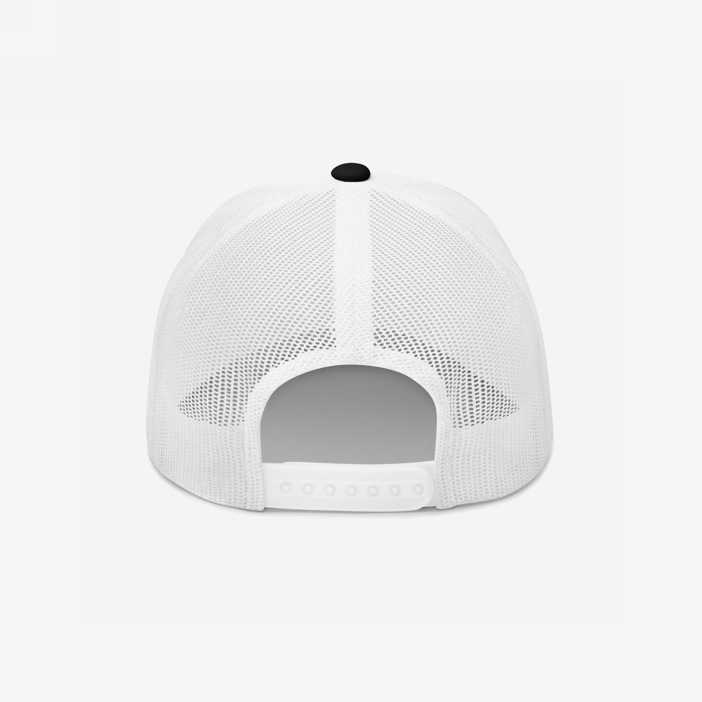 Back view of the Custom Hate Has No Home Here Trucker Hat, featuring a plain white mesh design with an adjustable snap-back strap, embodying a stance against hate with everyday comfort.