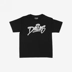The Dallas Handstyle Women's Baby Tee displays a bold, white graffiti-style Dallas with a halo, on a black T-shirt, embodying a retro Y2K vibe.