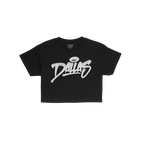 The Dallas Handstyle Women's Baby Tee displays a bold, white graffiti-style Dallas with a halo, on a black T-shirt, embodying