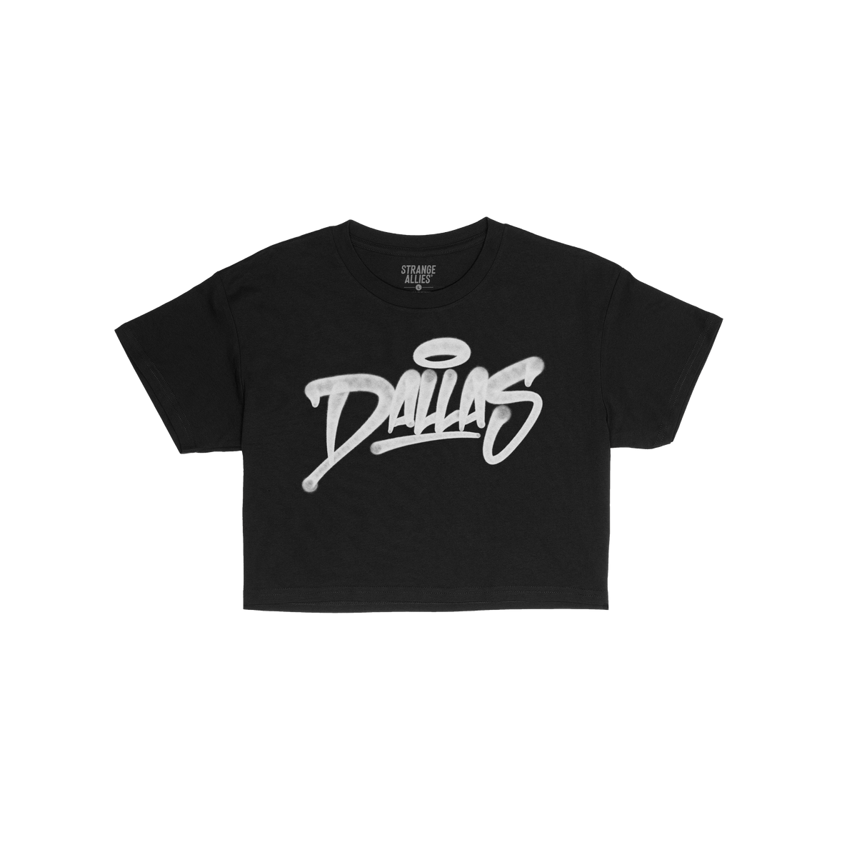 The Dallas Handstyle Women's Baby Tee displays a bold, white graffiti-style Dallas with a halo, on a black T-shirt, embodying