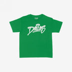 Dallas Handstyle Women's Baby Tee: A green short-sleeve tee with Dallas in white graffiti-style lettering and a halo graphic, embodying vibrant, retro energy perfect for casual outings.