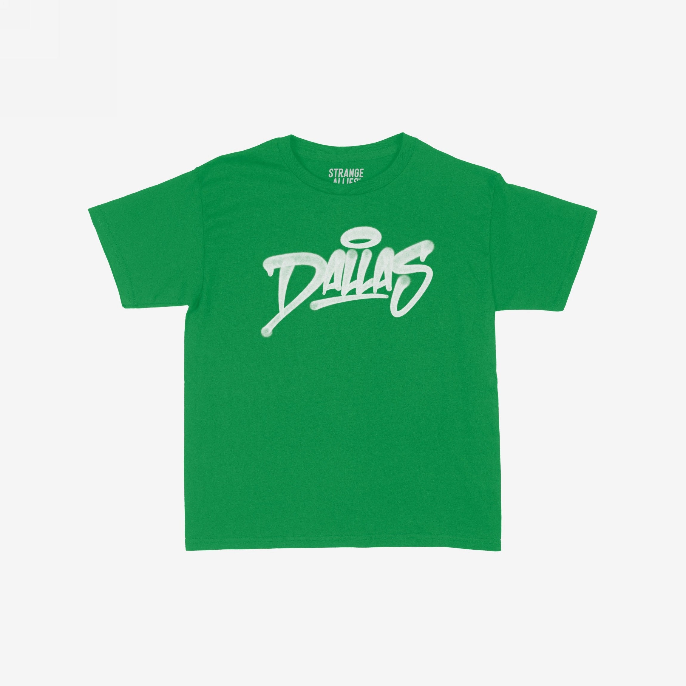 Dallas Handstyle Women's Baby Tee: A green short-sleeve tee with Dallas in white graffiti-style lettering and a halo graphic, embodying vibrant, retro energy perfect for casual outings.