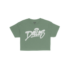 Dallas Handstyle Women's Baby Tee: A green short-sleeve tee with Dallas in white graffiti-style lettering and a halo graphic,