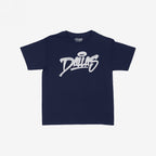 Dallas Handstyle Women's Baby Tee in navy-blue, featuring bold white graffiti script with a halo over the a, symbolizing unity and expression, laid flat showcasing its casual, fitted design.