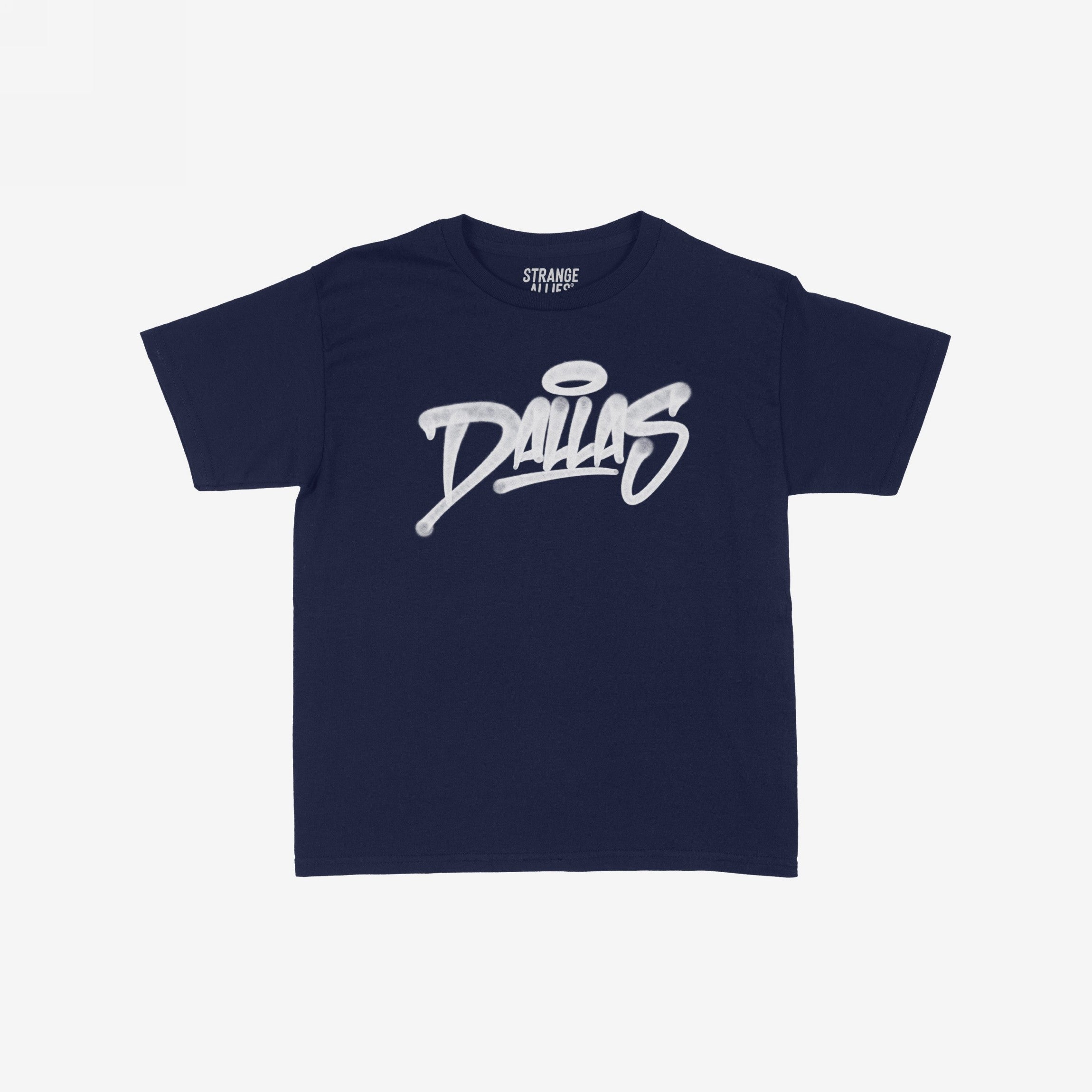 Dallas Handstyle Women's Baby Tee in navy-blue, featuring bold white graffiti script with a halo over the a, symbolizing unity and expression, laid flat showcasing its casual, fitted design.