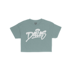 Dallas Handstyle Women's Baby Tee in navy-blue, featuring bold white graffiti script with a halo over the a, symbolizing unit