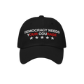 Democracy Hat featuring DEMOCRACY NEEDS YOUR COURAGE embroidered in white and red on a black six-panel cap, with five white s