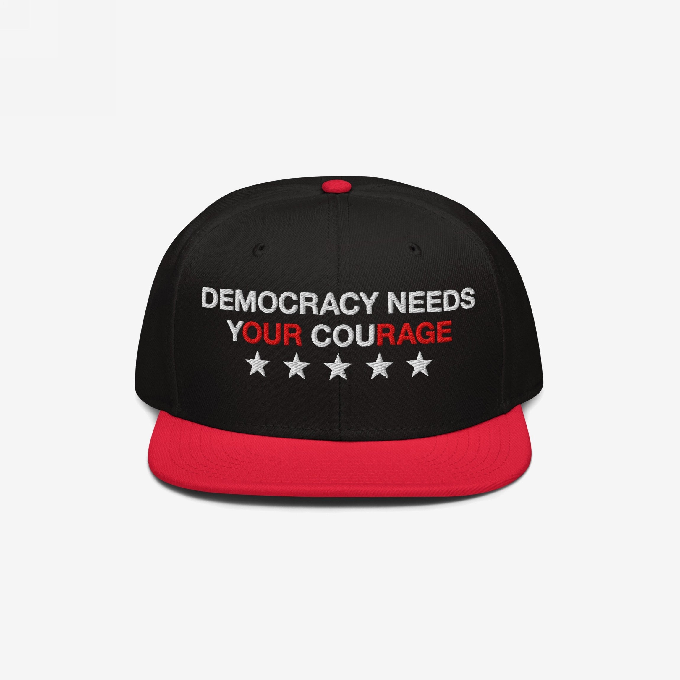 Democracy Hat with bold Democracy Needs Your Courage slogan and stars, emphasizing anti-fascist values. Ideal for protests and daily wear, showcasing commitment to equality and justice.