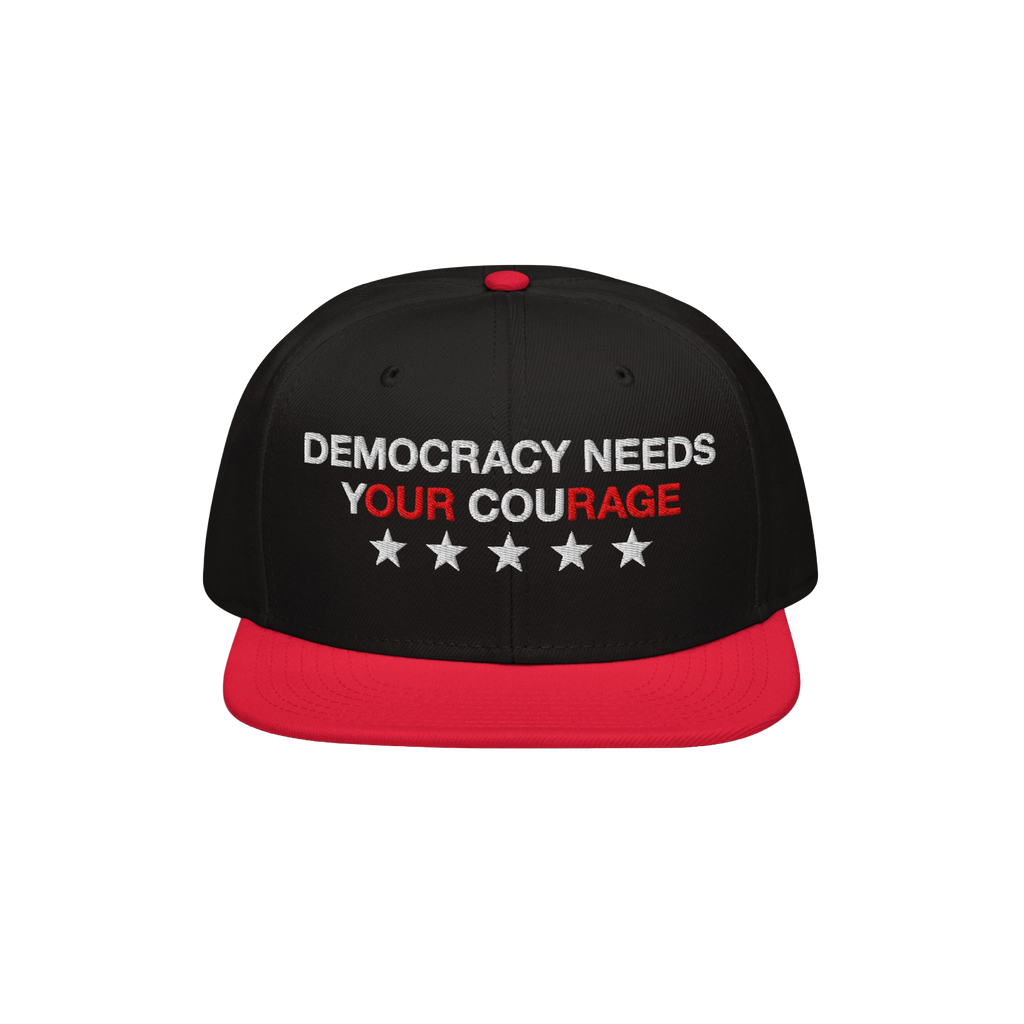 Democracy Hat with bold Democracy Needs Your Courage slogan and stars, emphasizing anti-fascist values. Ideal for protests an