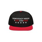 Democracy Hat with bold Democracy Needs Your Courage slogan and stars, emphasizing anti-fascist values. Ideal for protests an