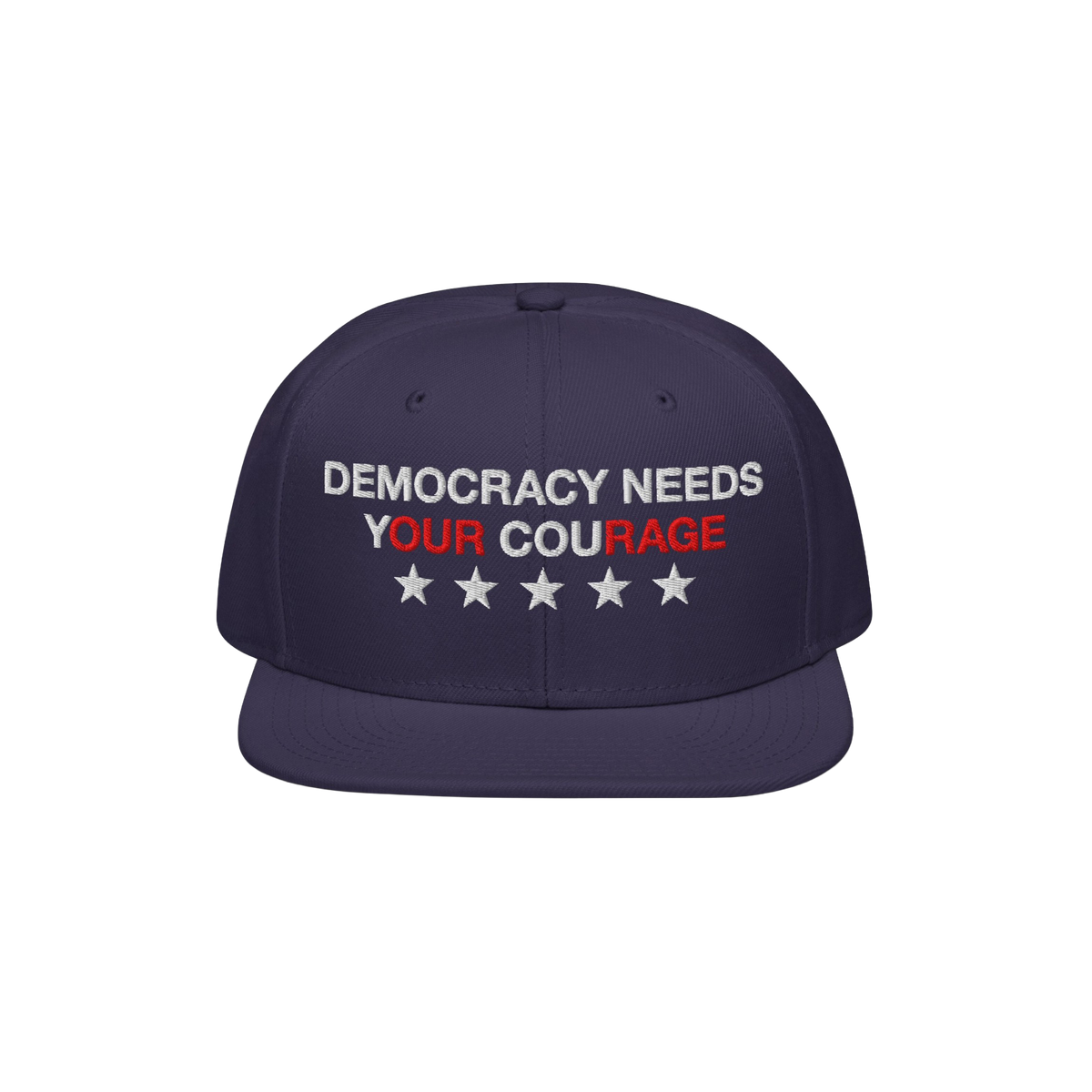 Navy-blue Democracy Hat with flat brim, embroidered with “Democracy Needs Your Courage” and stars, representing a bold an