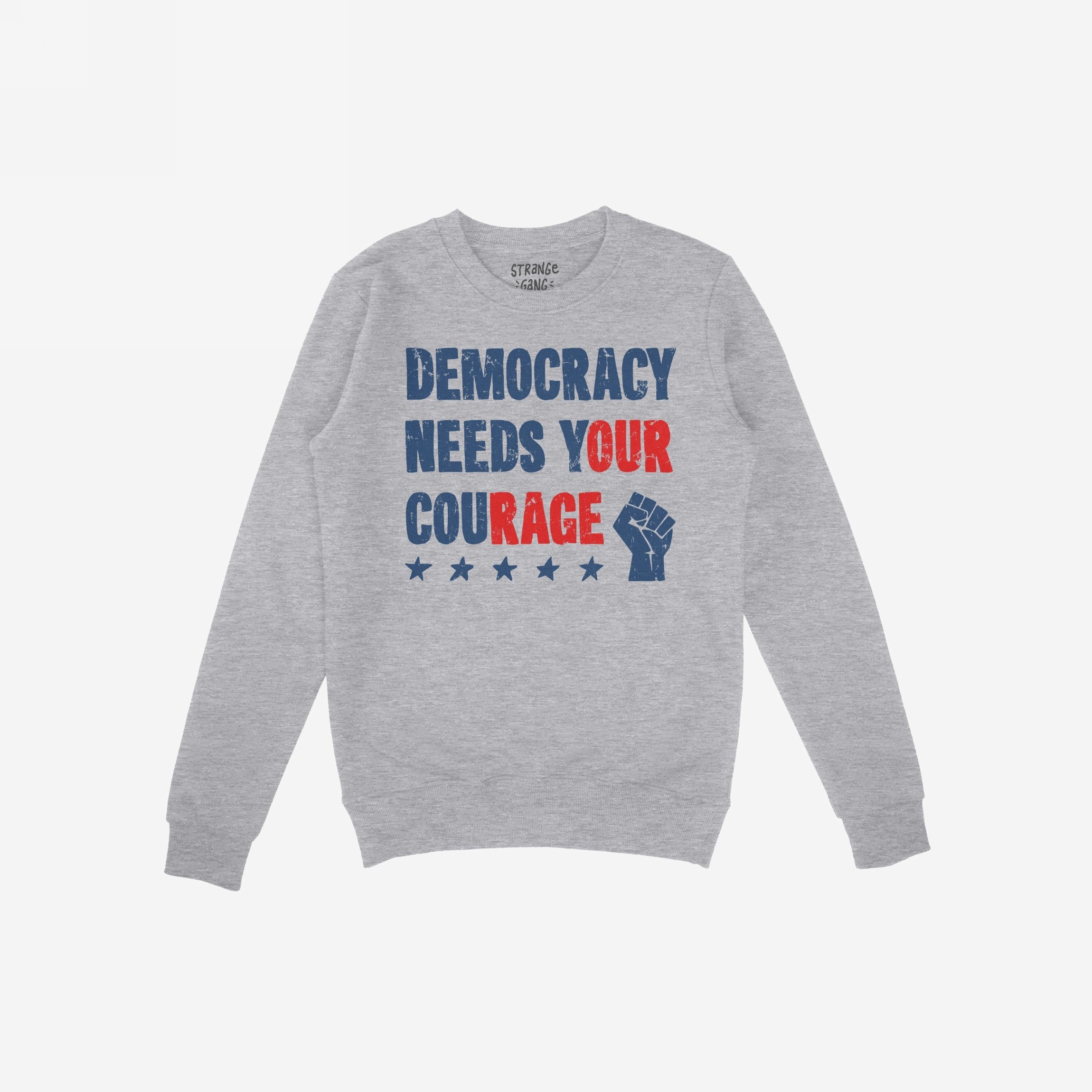 The Democracy Shirt features bold, distressed lettering with the slogan DEMOCRACY NEEDS YOUR COURAGE and a raised-fist icon, embodying resistance and activism for everyday wear.