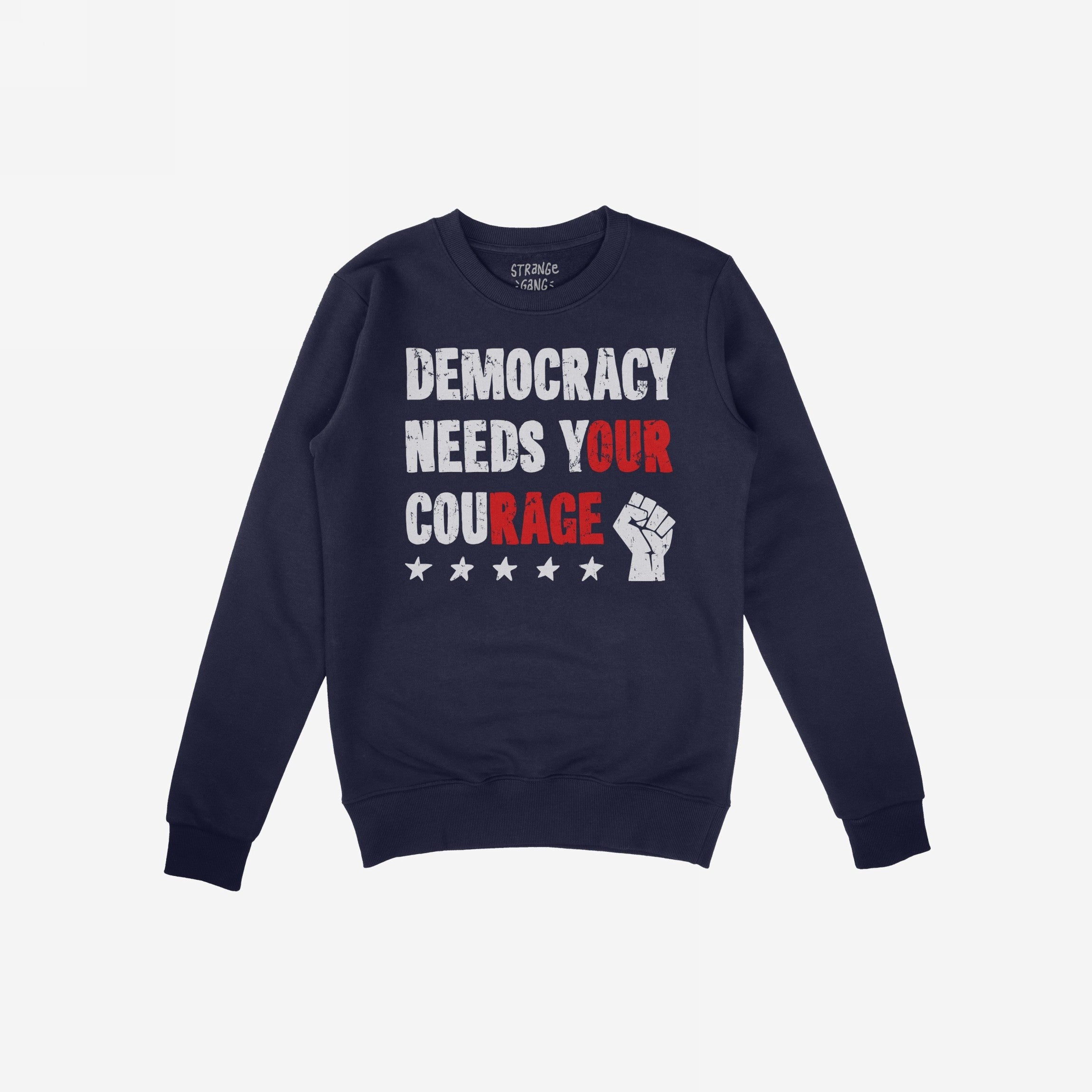 Democracy Shirt featuring Democracy Needs Your Courage slogan in distressed white and red, with a raised fist and stars, embodies activism and resistance energy. Ideal for those championing equality and justice.