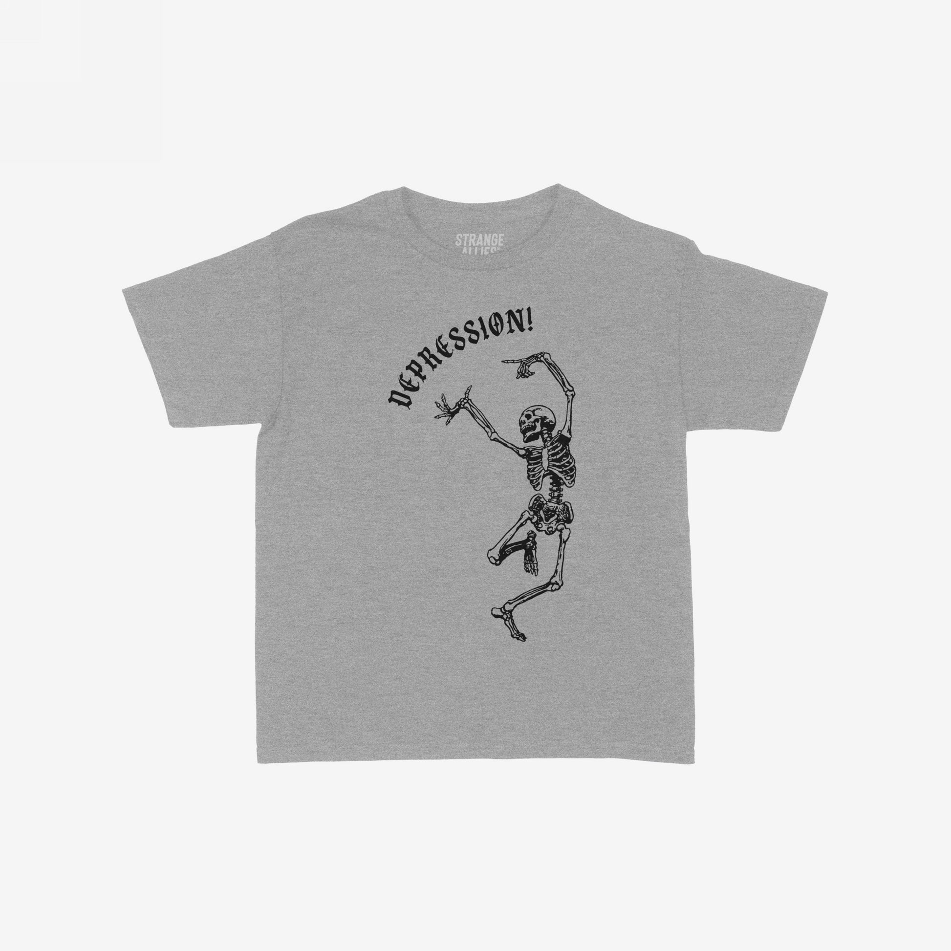 Heather-gray Depression Women's Baby Tee features a black line-art dancing skeleton with “DEPRESSION!” in gothic font, reflecting self-awareness and style. This tee speaks to mental health themes with flair.