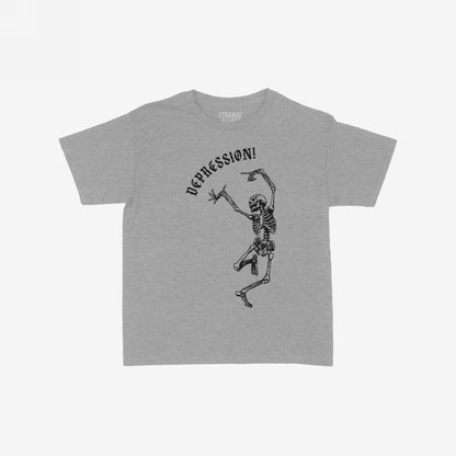 Heather-gray Depression Women's Baby Tee features a black line-art dancing skeleton with “DEPRESSION!” in gothic font, reflecting self-awareness and style. This tee speaks to mental health themes with flair.