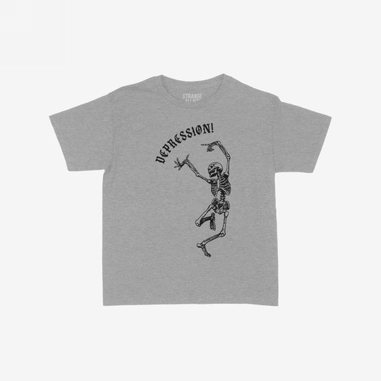 Heather-gray Depression Women's Baby Tee features a black line-art dancing skeleton with “DEPRESSION!” in gothic font, reflecting self-awareness and style. This tee speaks to mental health themes with flair.