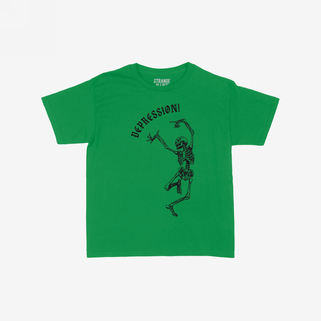 Depression Women's Baby Tee features a dancing skeleton under DEPRESSION! in Gothic font. This expressive tee, labeled STRANGE ALLIES, captures a self-aware, stylish statement.