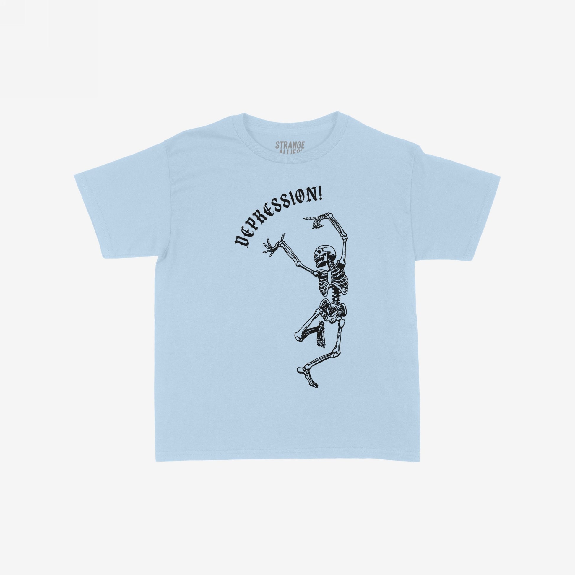 Depression Women's Baby Tee featuring a cartoon-style dancing skeleton under a DEPRESSION! banner. This light-blue tee reflects self-awareness and style, offering a playful nod to mental health themes.