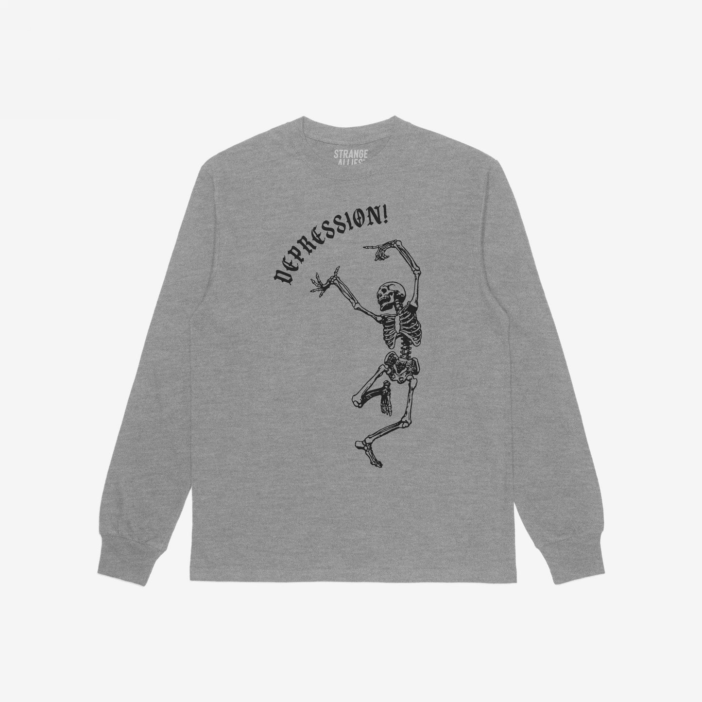 Depression T-shirt featuring a black skeleton dancing under DEPRESSION! in gothic font, embodying chaos and existential humor, aligning with bold, expressive themes of equality and individuality.