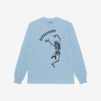 Pale-blue long-sleeved Depression T-shirt featuring a dancing skeleton with DEPRESSION! in gothic font, embodying a stylish, tragicomic expression of existential dread.