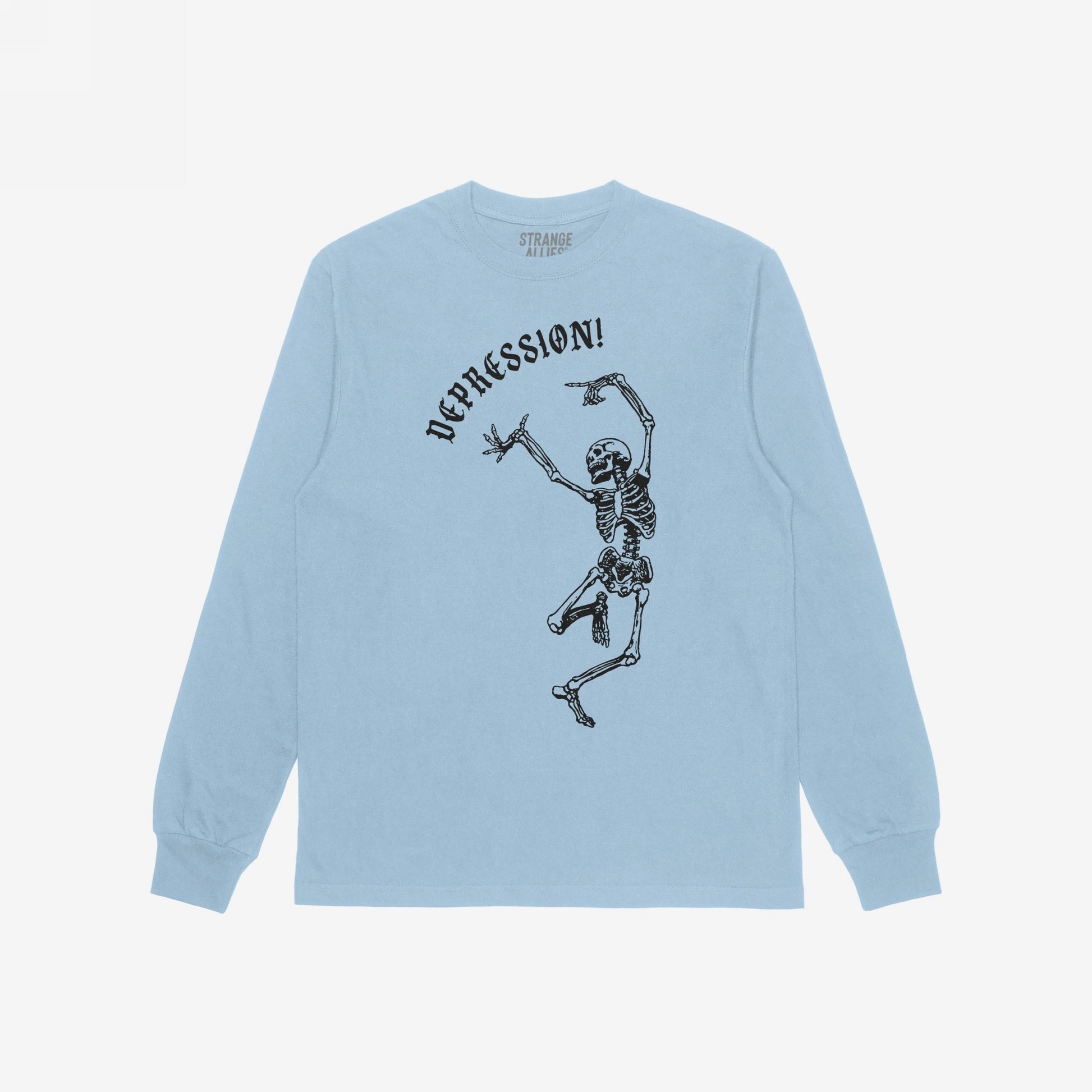 Pale-blue long-sleeved Depression T-shirt featuring a dancing skeleton with DEPRESSION! in gothic font, embodying a stylish, tragicomic expression of existential dread.