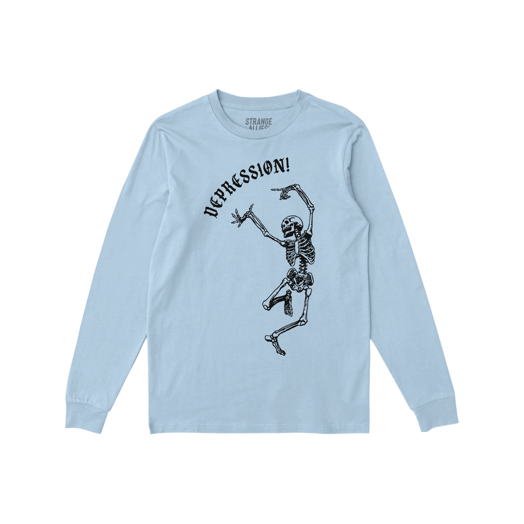 Pale-blue long-sleeved Depression T-shirt featuring a dancing skeleton with DEPRESSION! in gothic font, embodying a stylish, 