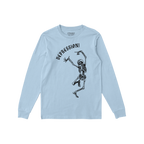 Pale-blue long-sleeved Depression T-shirt featuring a dancing skeleton with DEPRESSION! in gothic font, embodying a stylish, 
