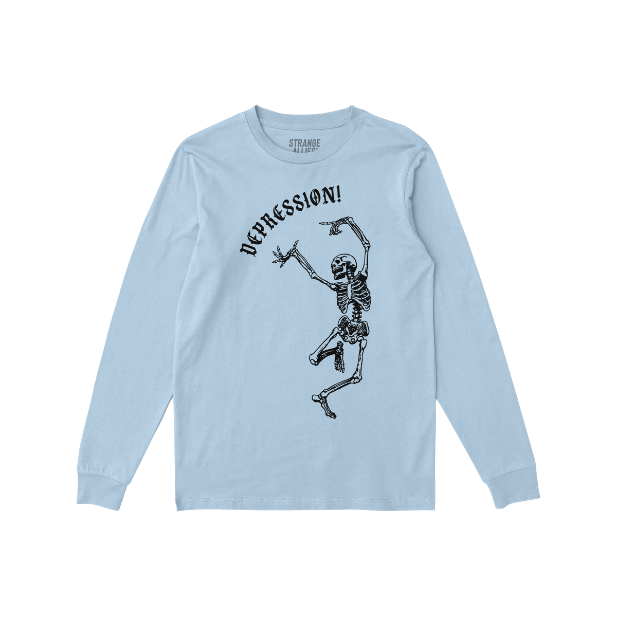 Pale-blue long-sleeved Depression T-shirt featuring a dancing skeleton with DEPRESSION! in gothic font, embodying a stylish, 
