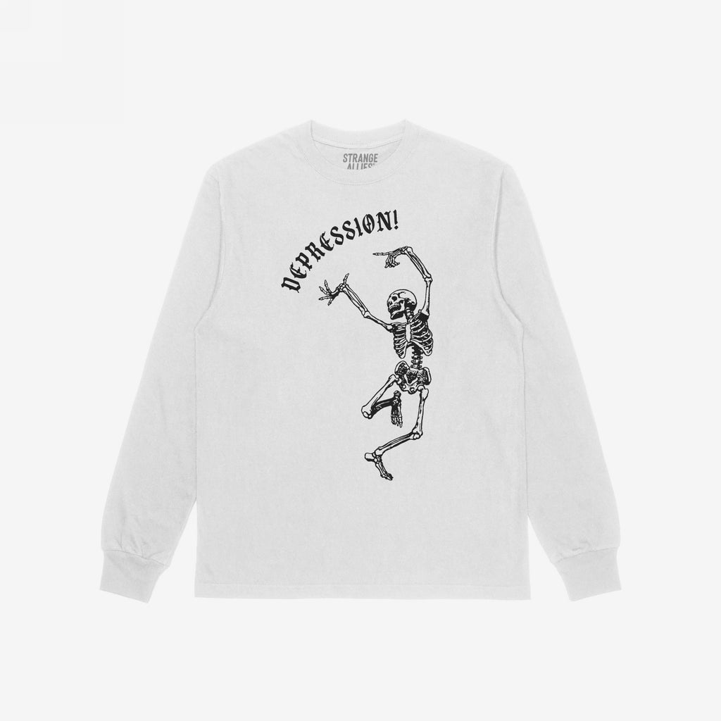 Depression T-shirt featuring a dancing skeleton and gothic DEPRESSION! text. This long-sleeve tee embodies chaos and resilience, reflecting the brand's commitment to equality and individuality.