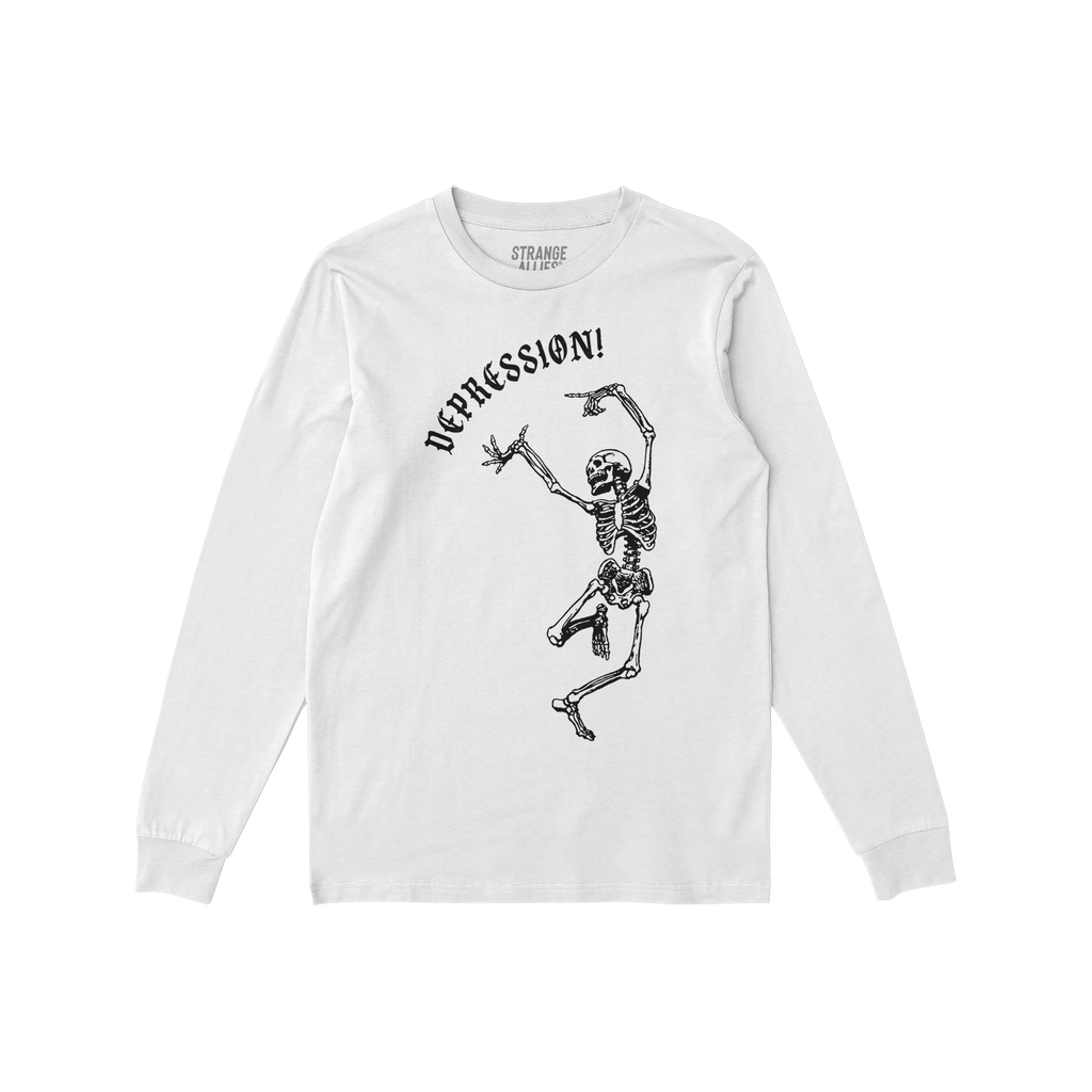 Depression T-shirt featuring a dancing skeleton and gothic DEPRESSION! text. This long-sleeve tee embodies chaos and resilien