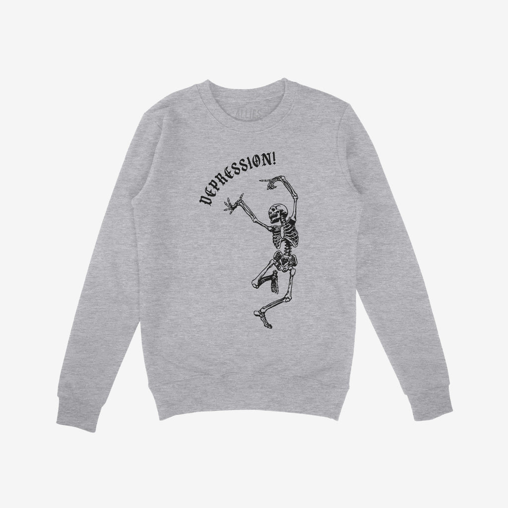 Light-heather gray Depression Sweatshirt featuring a black graphic of a dancing skeleton with “DEPRESSION!” in Gothic font above, embodying dark humor and raw honesty.