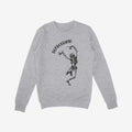 Light-heather gray Depression Sweatshirt featuring a black graphic of a dancing skeleton with “DEPRESSION!” in Gothic font above, embodying dark humor and raw honesty.