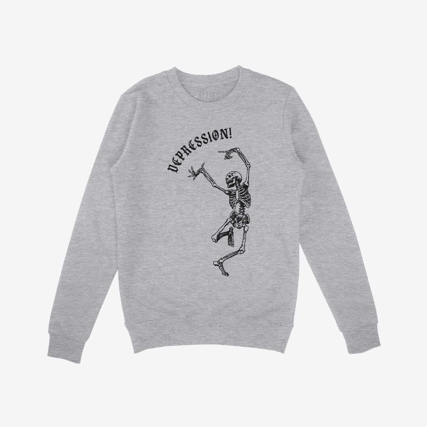 Light-heather gray Depression Sweatshirt featuring a black graphic of a dancing skeleton with “DEPRESSION!” in Gothic font above, embodying dark humor and raw honesty.