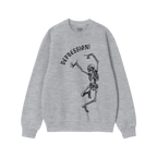 Light-heather gray Depression Sweatshirt featuring a black graphic of a dancing skeleton with “DEPRESSION!” in Gothic fon