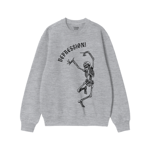 Light-heather gray Depression Sweatshirt featuring a black graphic of a dancing skeleton with “DEPRESSION!” in Gothic fon