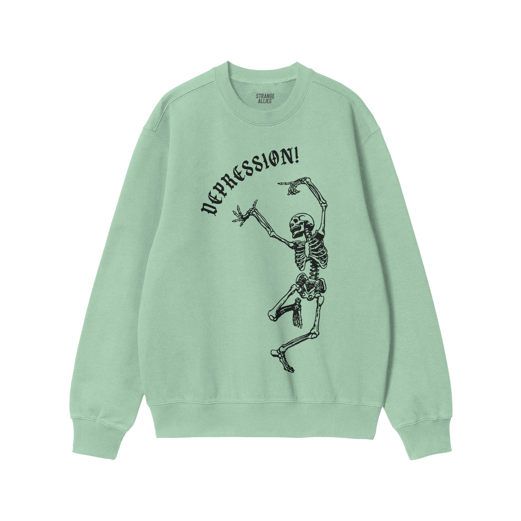 Green crewneck Depression Sweatshirt featuring a black line-drawing of a dancing skeleton with DEPRESSION! in gothic font, re
