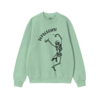 Green crewneck Depression Sweatshirt featuring a black line-drawing of a dancing skeleton with DEPRESSION! in gothic font, re