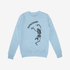 Depression Sweatshirt featuring a dancing skeleton and Gothic DEPRESSION! text, symbolizing dark humor and honesty. Laid flat, showcasing the Allies brand, merging art with poignant social commentary.