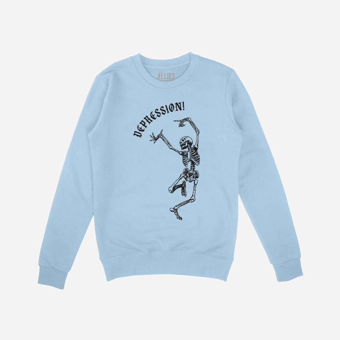 Depression Sweatshirt featuring a dancing skeleton and Gothic DEPRESSION! text, symbolizing dark humor and honesty. Laid flat, showcasing the Allies brand, merging art with poignant social commentary.