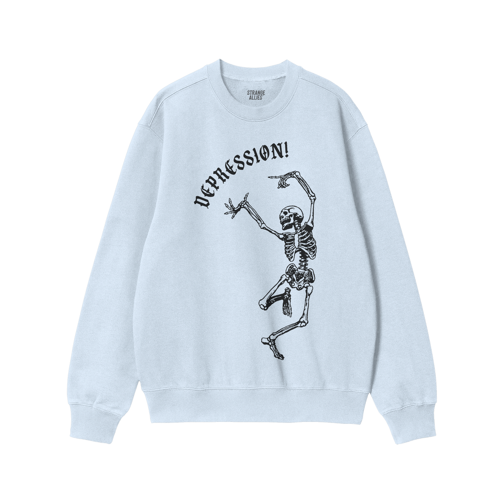 Depression Sweatshirt featuring a dancing skeleton and Gothic DEPRESSION! text, symbolizing dark humor and honesty. Laid flat