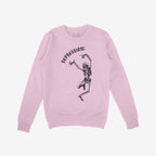 Light-pink crewneck sweatshirt featuring a black line-drawing of a dancing skeleton with DEPRESSION! above it in gothic font, reflecting dark humor and existential themes.