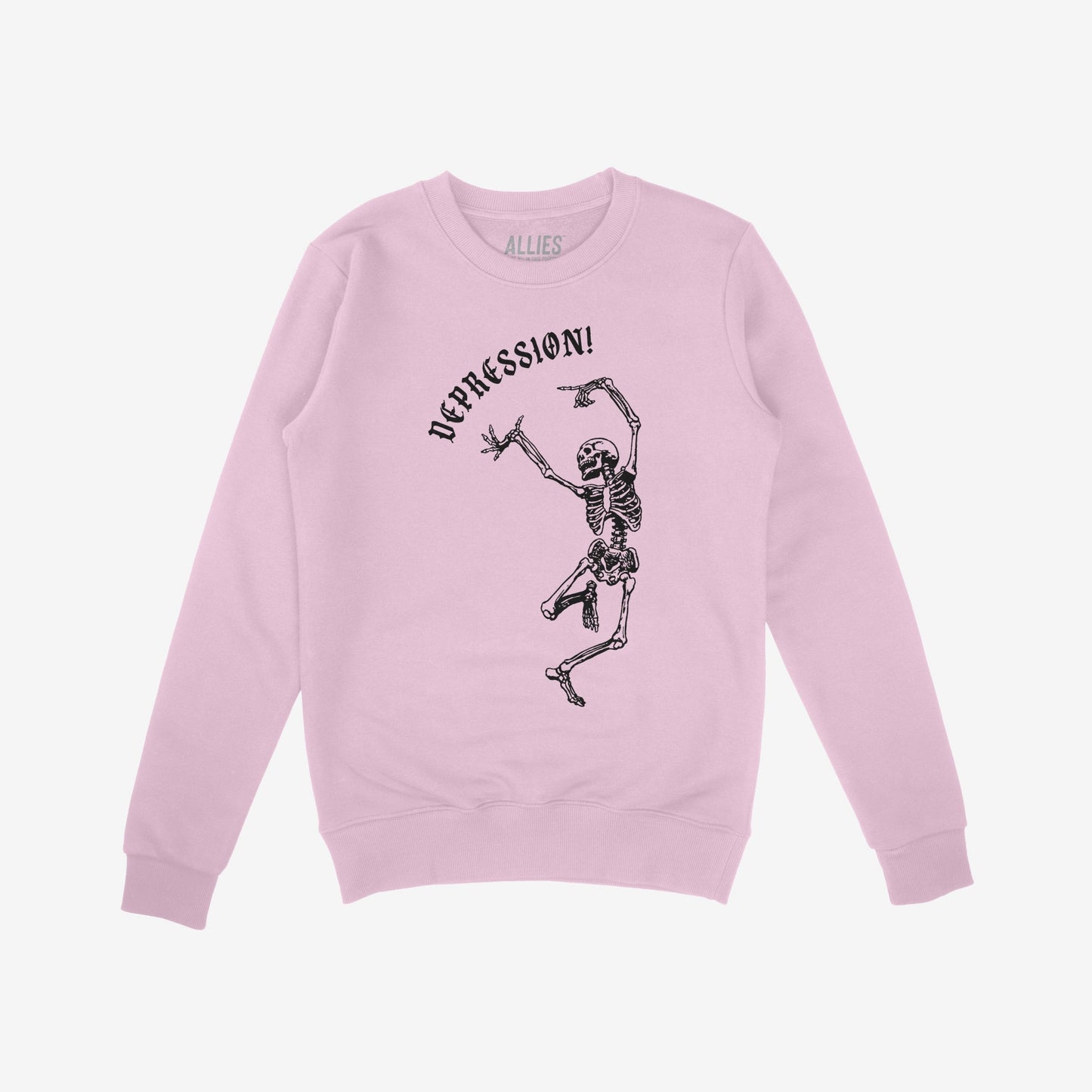 Light-pink crewneck sweatshirt featuring a black line-drawing of a dancing skeleton with DEPRESSION! above it in gothic font, reflecting dark humor and existential themes.