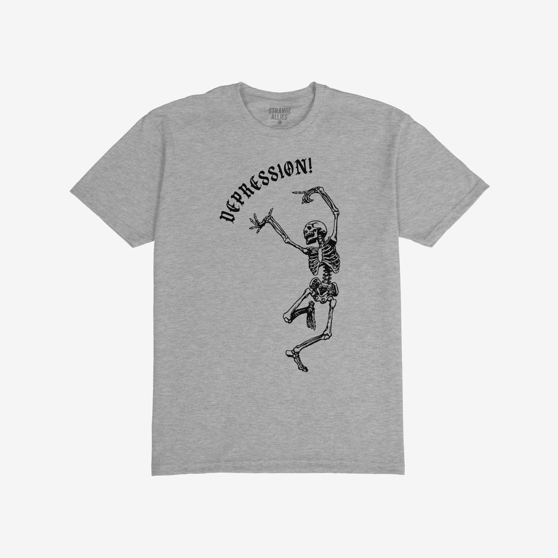 Depression T-shirt featuring a dynamic, line-art skeleton jumping below DEPRESSION! in gothic lettering, embodying a blend of chaos and humor. Perfect for expressing modern existential struggles with style.