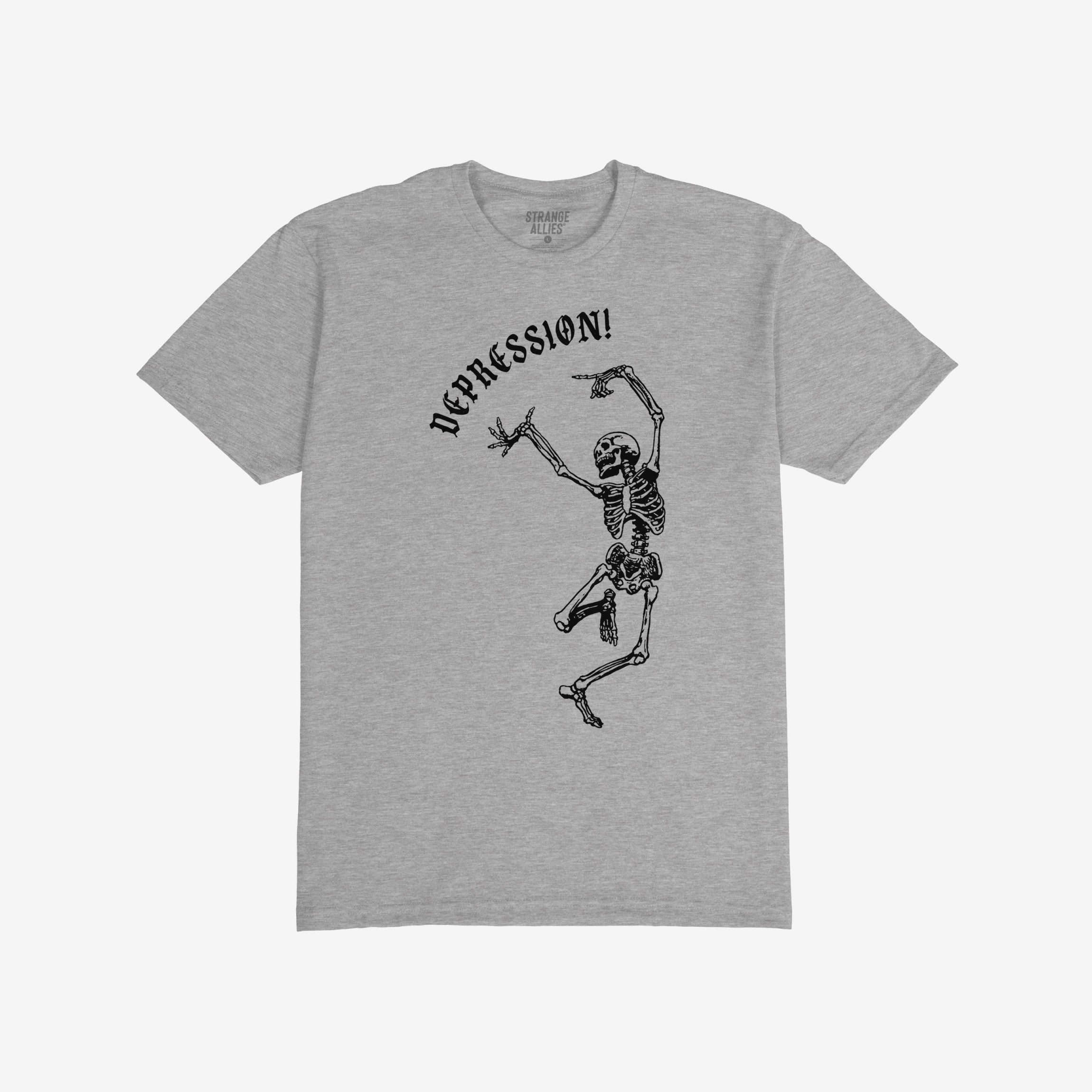 Depression T-shirt featuring a dynamic, line-art skeleton jumping below DEPRESSION! in gothic lettering, embodying a blend of chaos and humor. Perfect for expressing modern existential struggles with style.