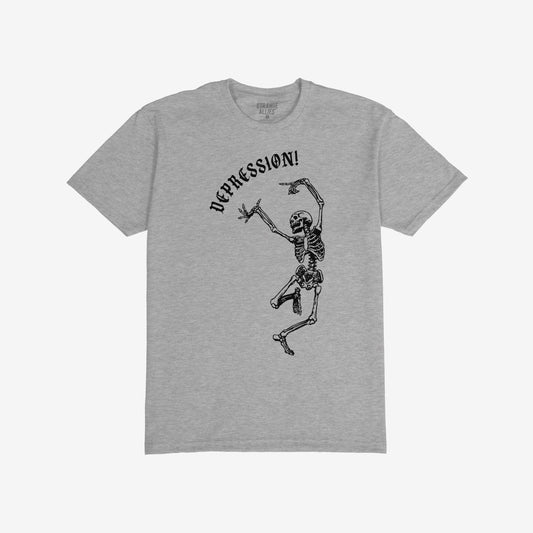 Depression T-shirt featuring a dynamic, line-art skeleton jumping below DEPRESSION! in gothic lettering, embodying a blend of chaos and humor. Perfect for expressing modern existential struggles with style.