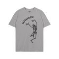 Depression T-shirt featuring a dynamic, line-art skeleton jumping below DEPRESSION! in gothic lettering, embodying a blend of