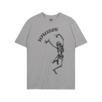 Depression T-shirt featuring a dynamic, line-art skeleton jumping below DEPRESSION! in gothic lettering, embodying a blend of