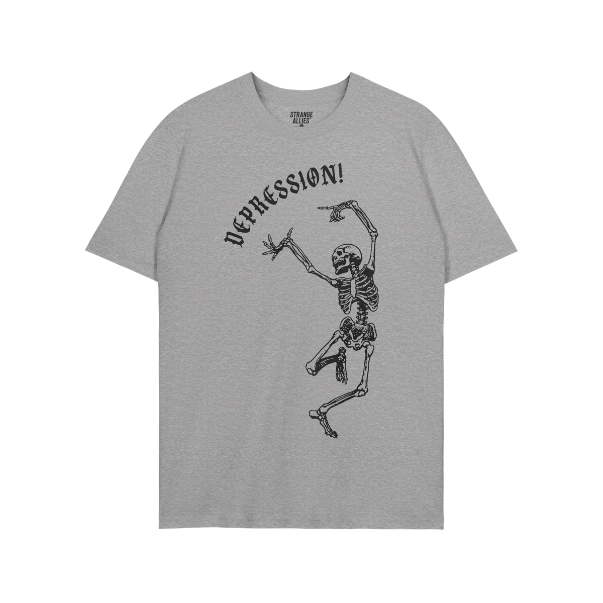 Depression T-shirt featuring a dynamic, line-art skeleton jumping below DEPRESSION! in gothic lettering, embodying a blend of