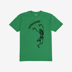 Depression T-shirt showing a dancing skeleton beneath DEPRESSION! in gothic font, captures the humor and chaos of existential dread. Branding STRANGE ALLIES. visible inside the collar.