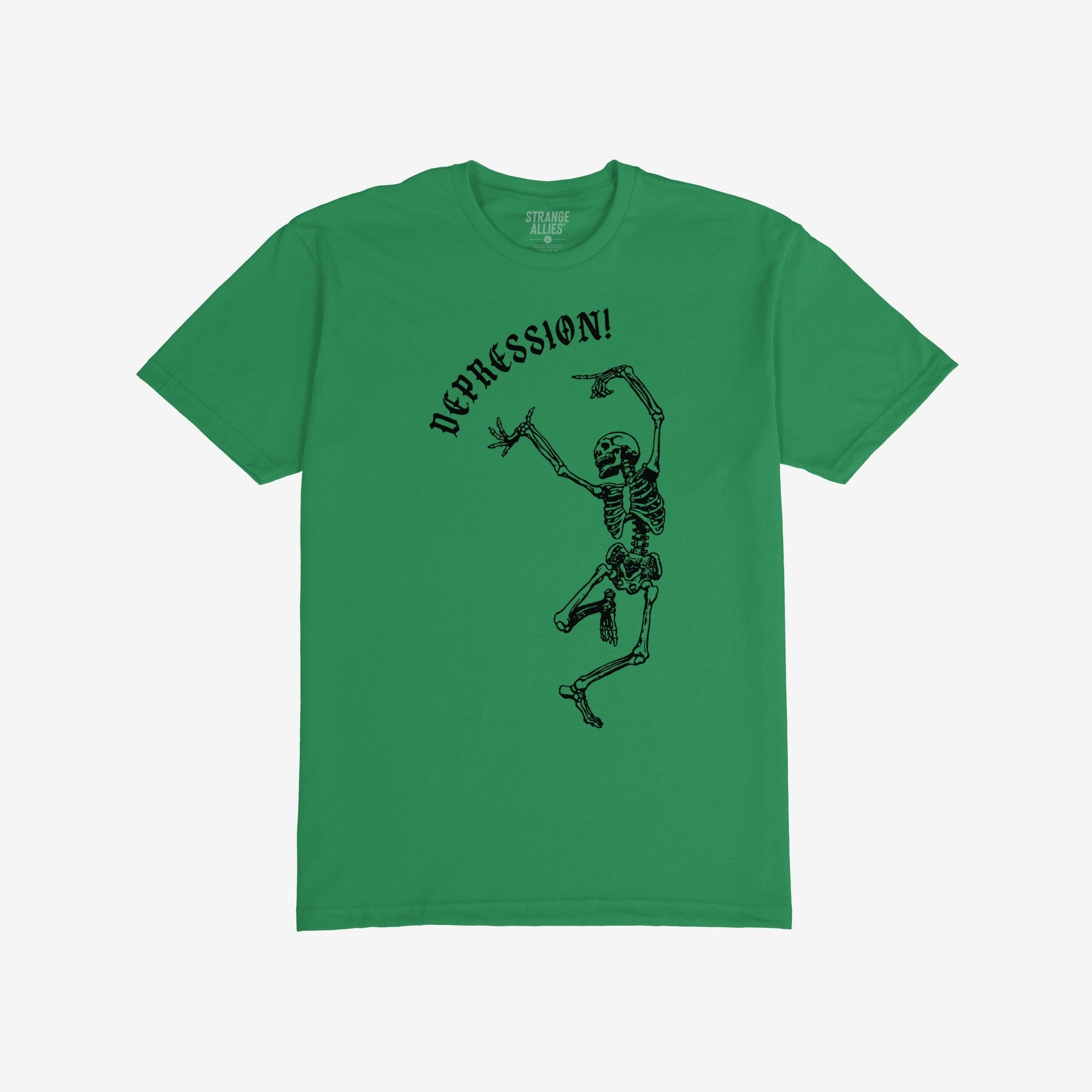 Depression T-shirt showing a dancing skeleton beneath DEPRESSION! in gothic font, captures the humor and chaos of existential dread. Branding STRANGE ALLIES. visible inside the collar.